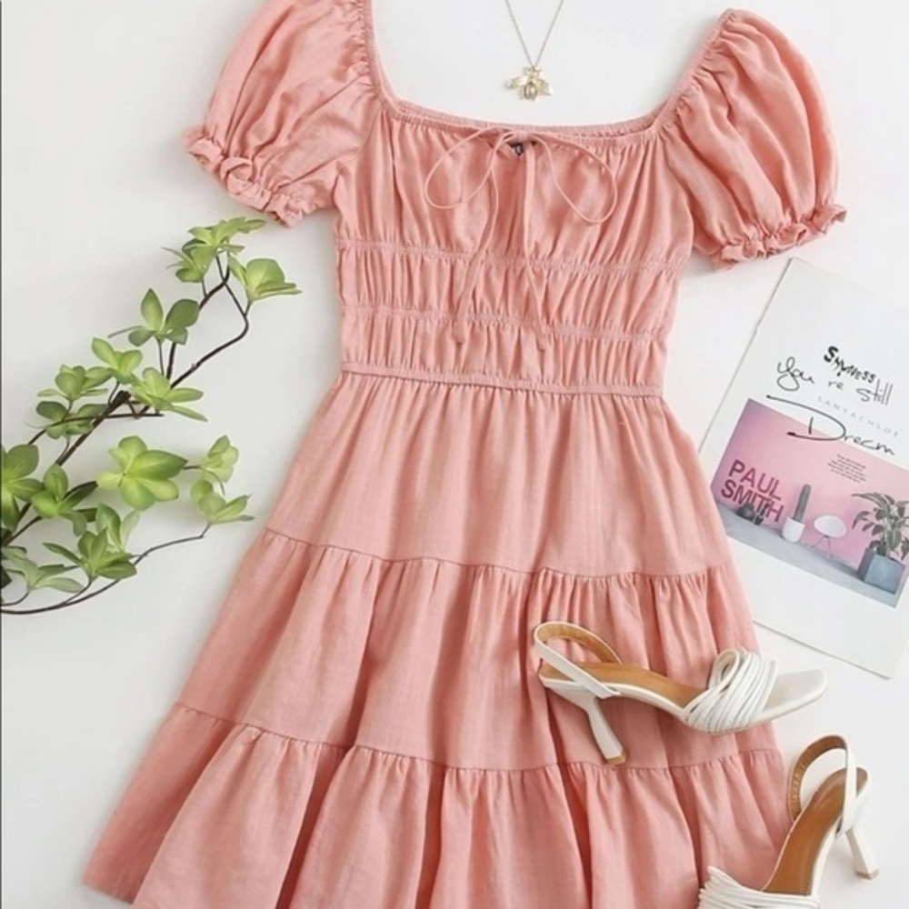 SHEIN Puff Short Sleeve Tiered Ruffle Summer Dress